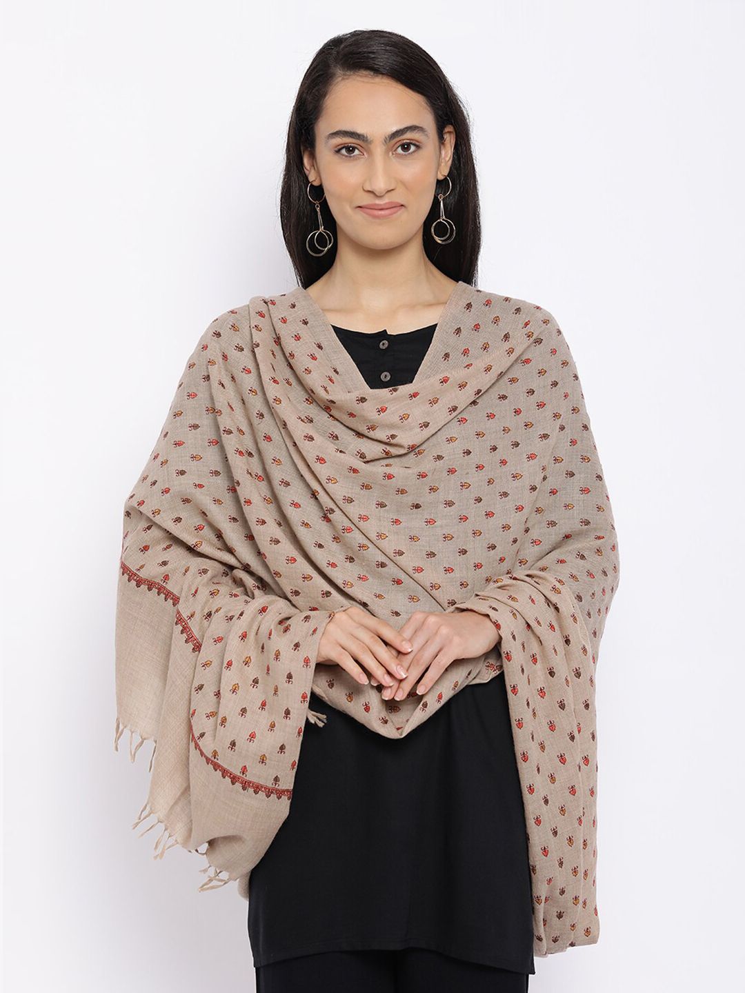 Pashmoda Women Beige & Orange Embroidered Pure Wool Shawl Price in India