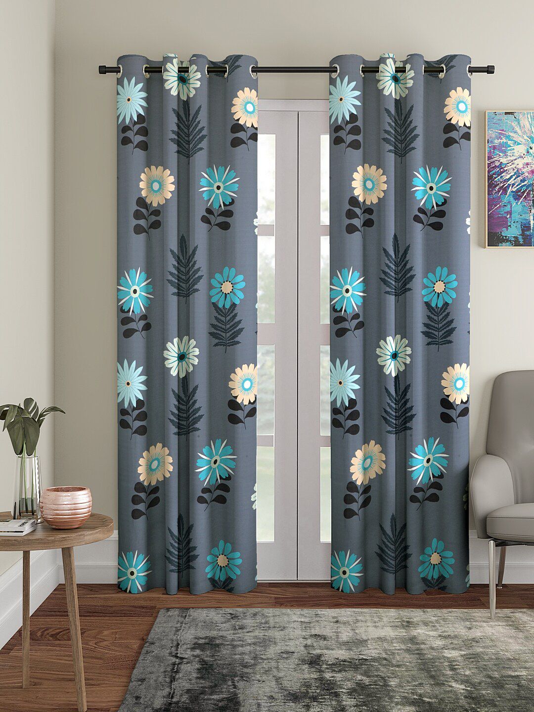 Cortina Blue & Grey Set of 2 Digital Printed Long Curtains Price in India