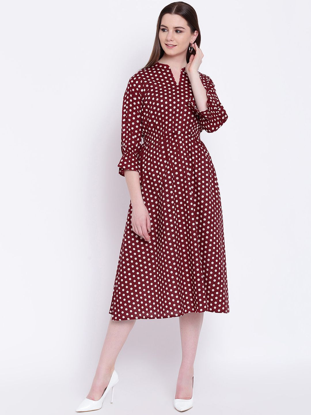 Khushal K Women Maroon & White Polka Dot Printed A-Line Dress