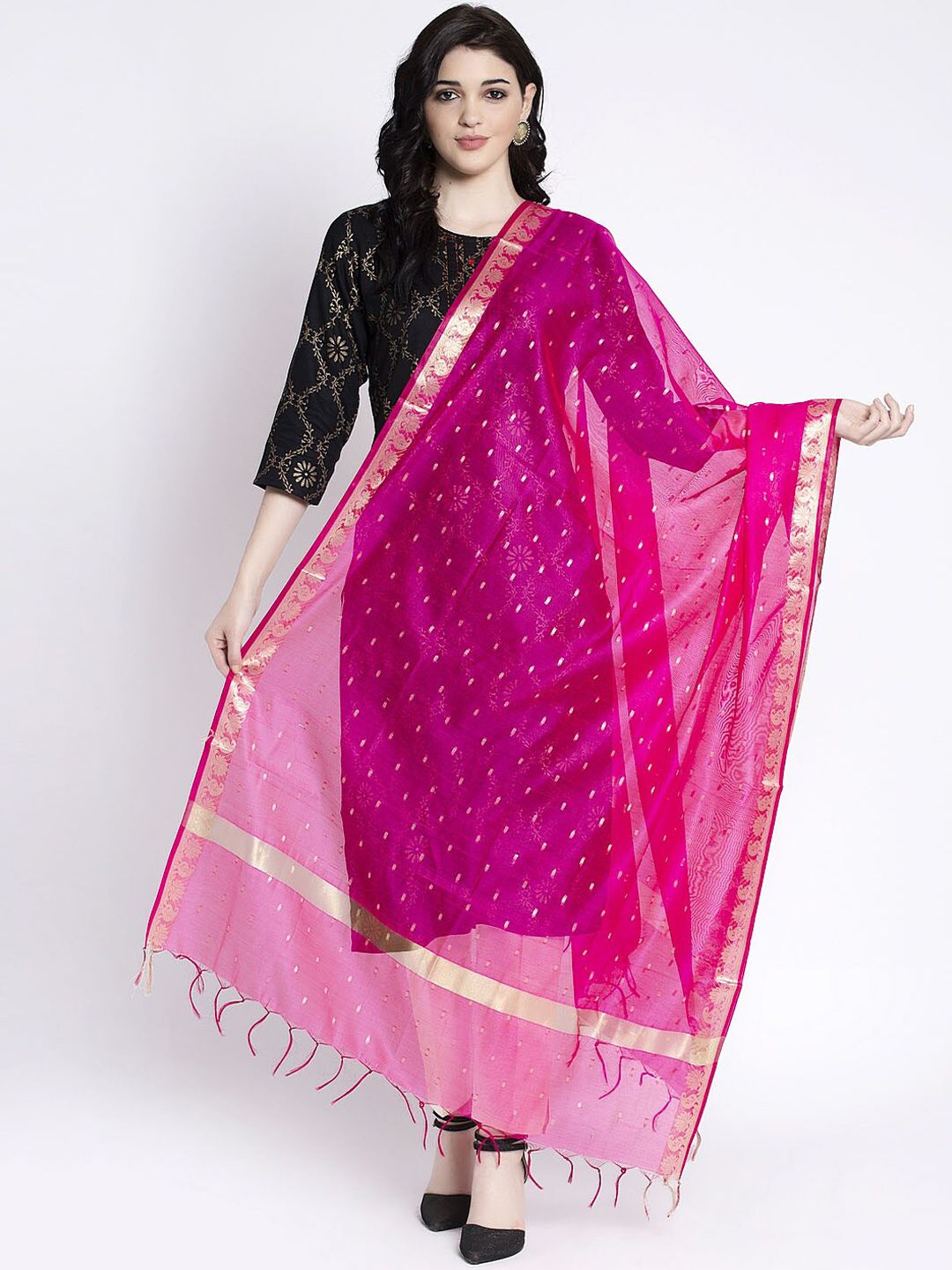 Clora Creation Women Magenta Pink & Gold-Coloured Woven Design Dupatta Price in India