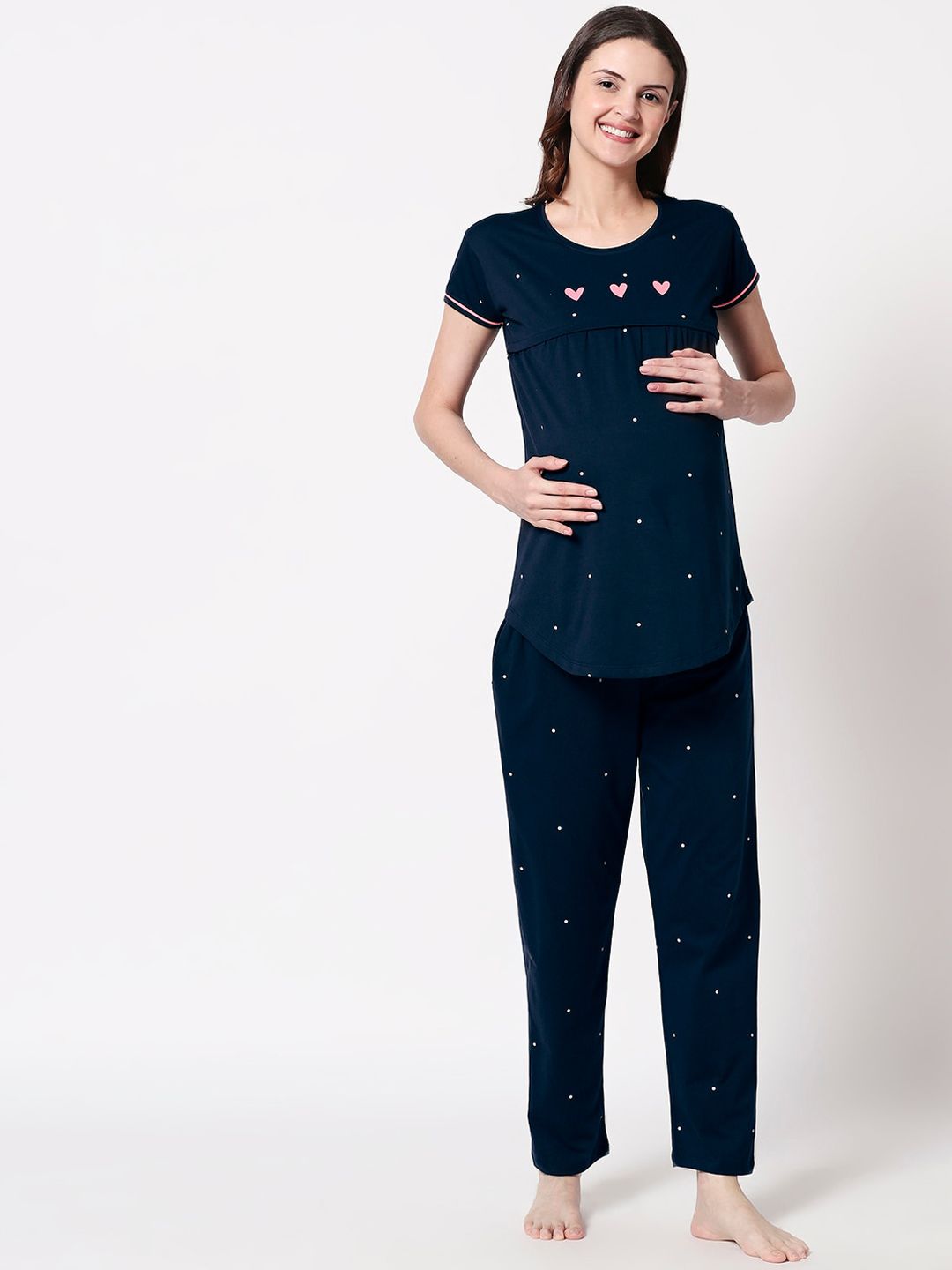 Zeyo Women Navy Blue Printed Maternity & Feeding Night Suit Price in India