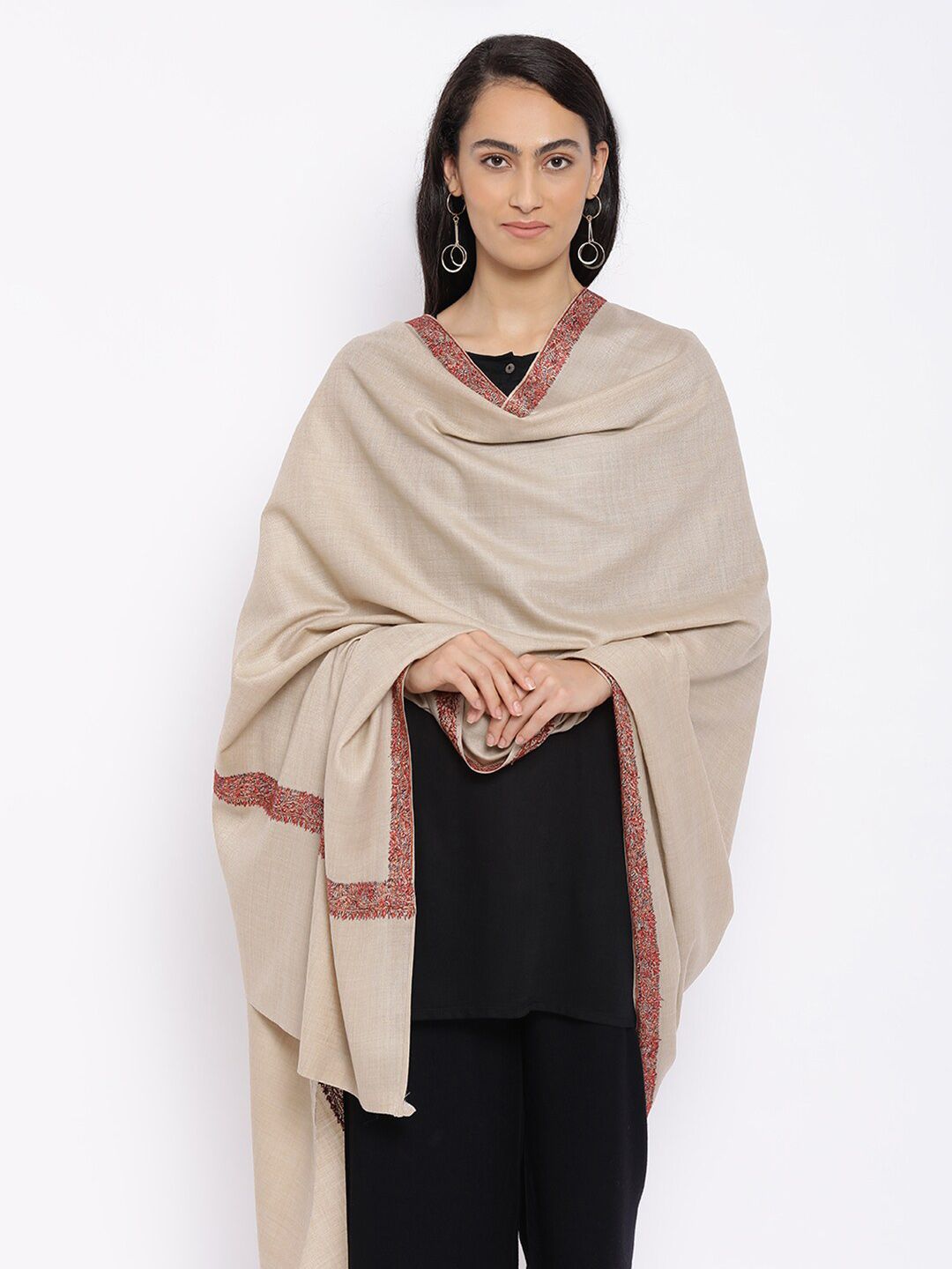 Pashmoda Women Beige Hand Embroidered Shawl Price in India