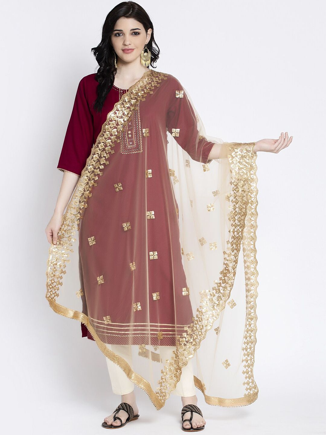 Clora Creation Women Beige Embellished Net Dupatta Price in India