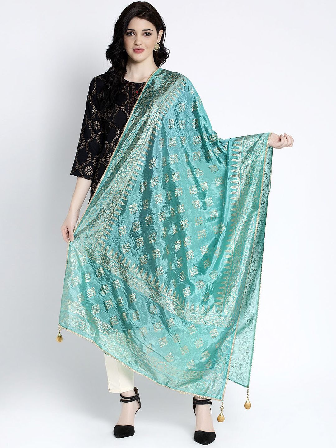 Clora Creation Women Sea Green & Gold-Coloured Printed Dupatta Price in India