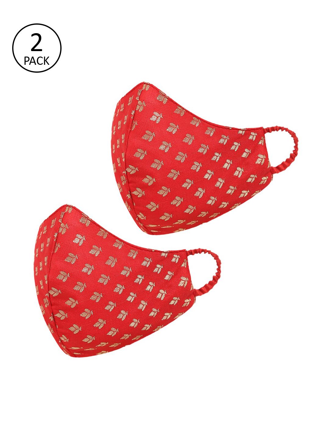 Tossido Women 2 Pcs Red & Gold-Coloured Printed Reusable 3-Ply Pure Chanderi Banarasi Protective Outdoor Masks Price in India