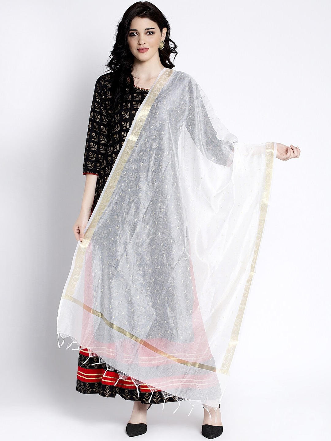 Clora Creation Women White & Gold-Coloured Embellished Dupatta Price in India