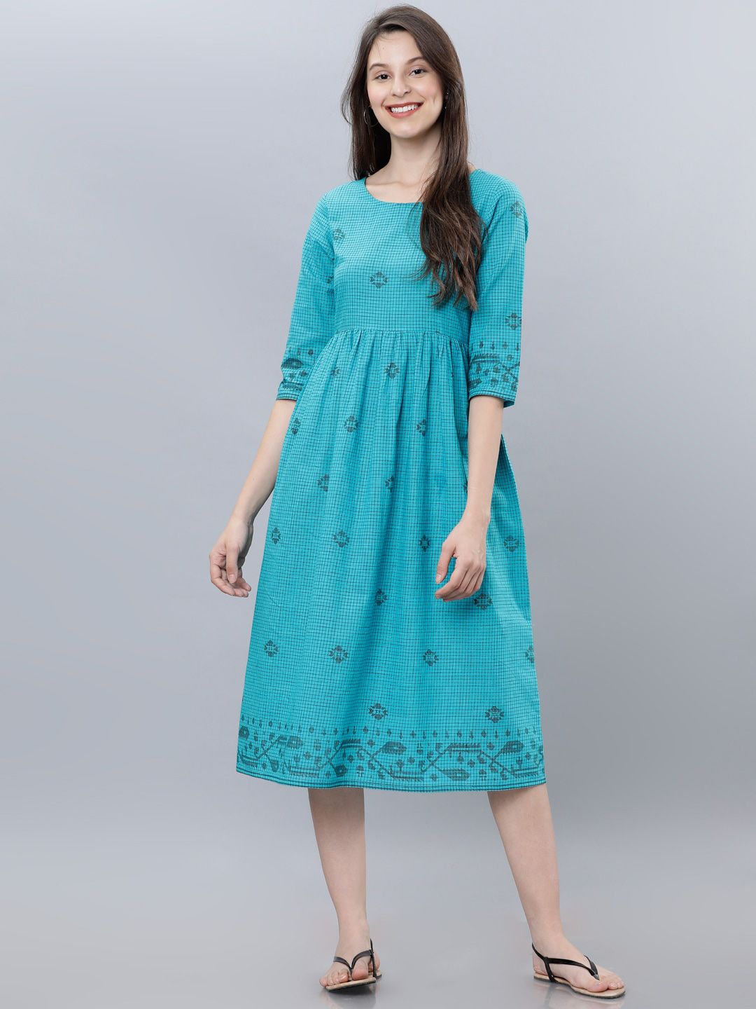 Vishudh Women Turquoise Blue Printed Fit and Flare Dress