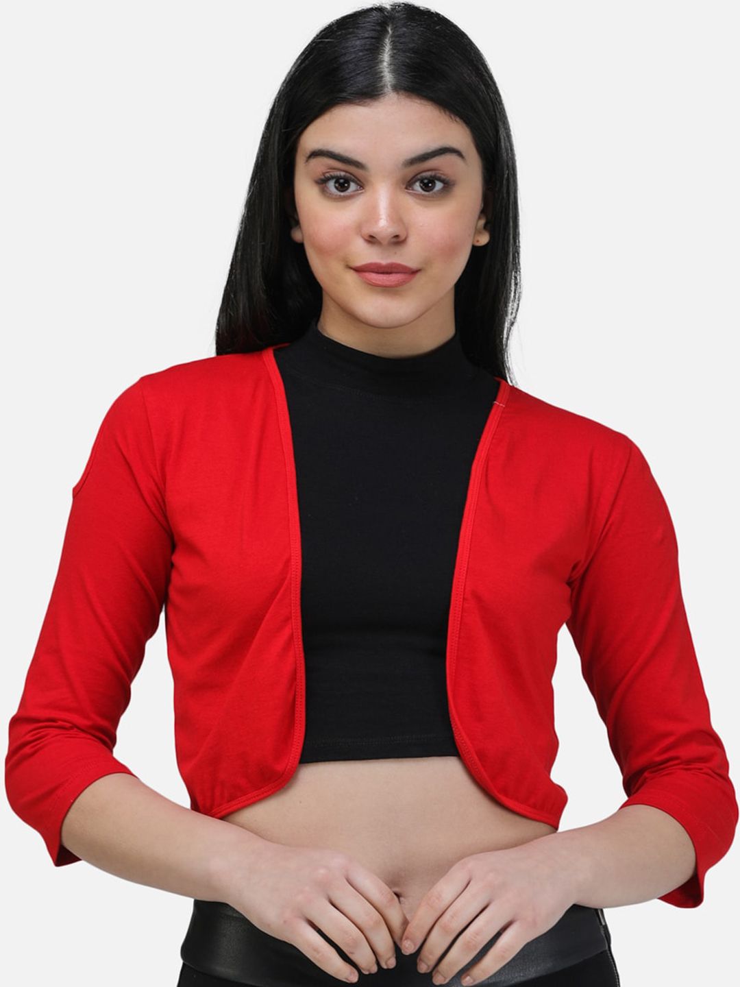 SCORPIUS Women Red Solid Open-Front Crop Shrug Price in India