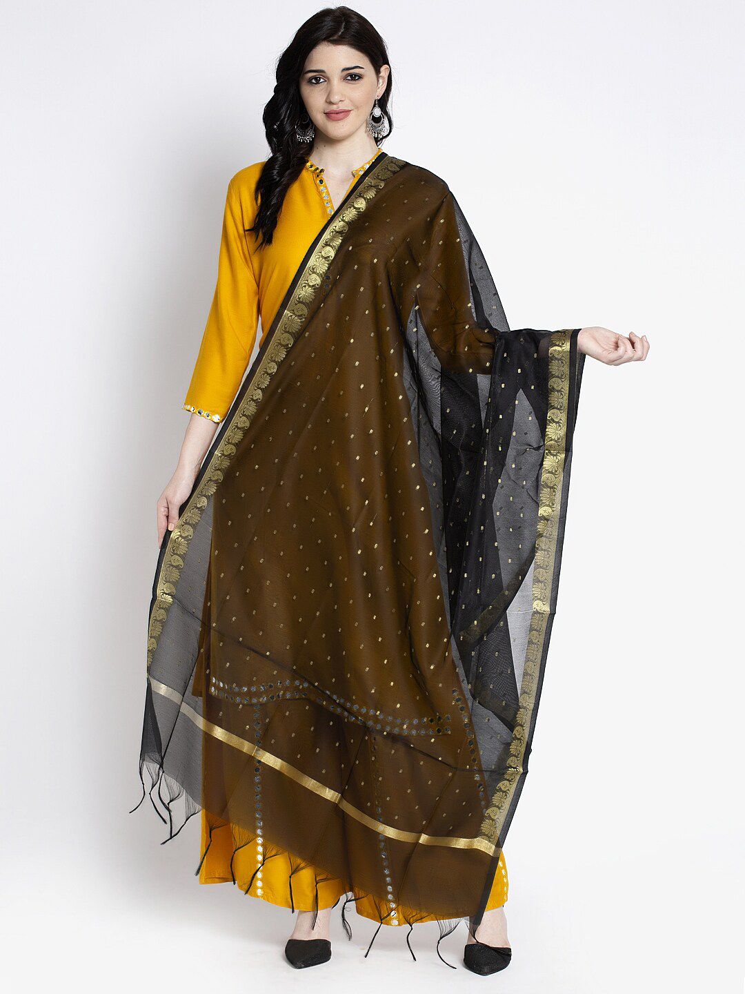 Clora Creation Women Black & Gold Coloured Printed Silk Dupatta Price in India