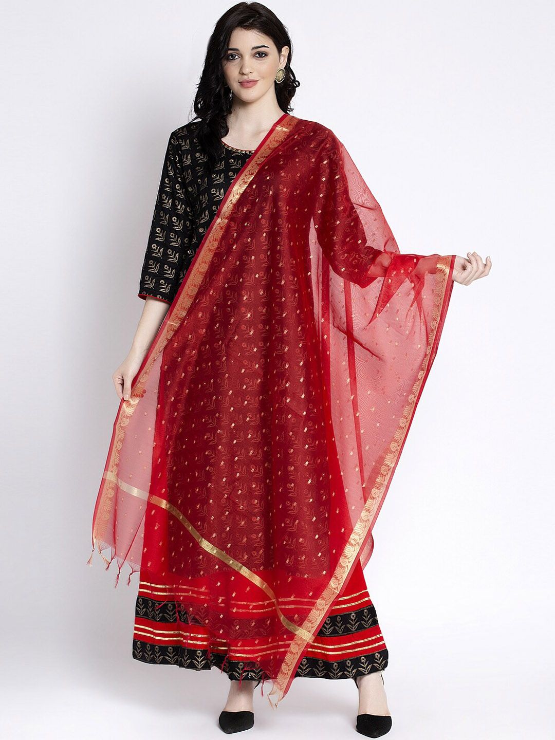 Clora Creation Women Red & Gold Printed Silk Dupatta Price in India