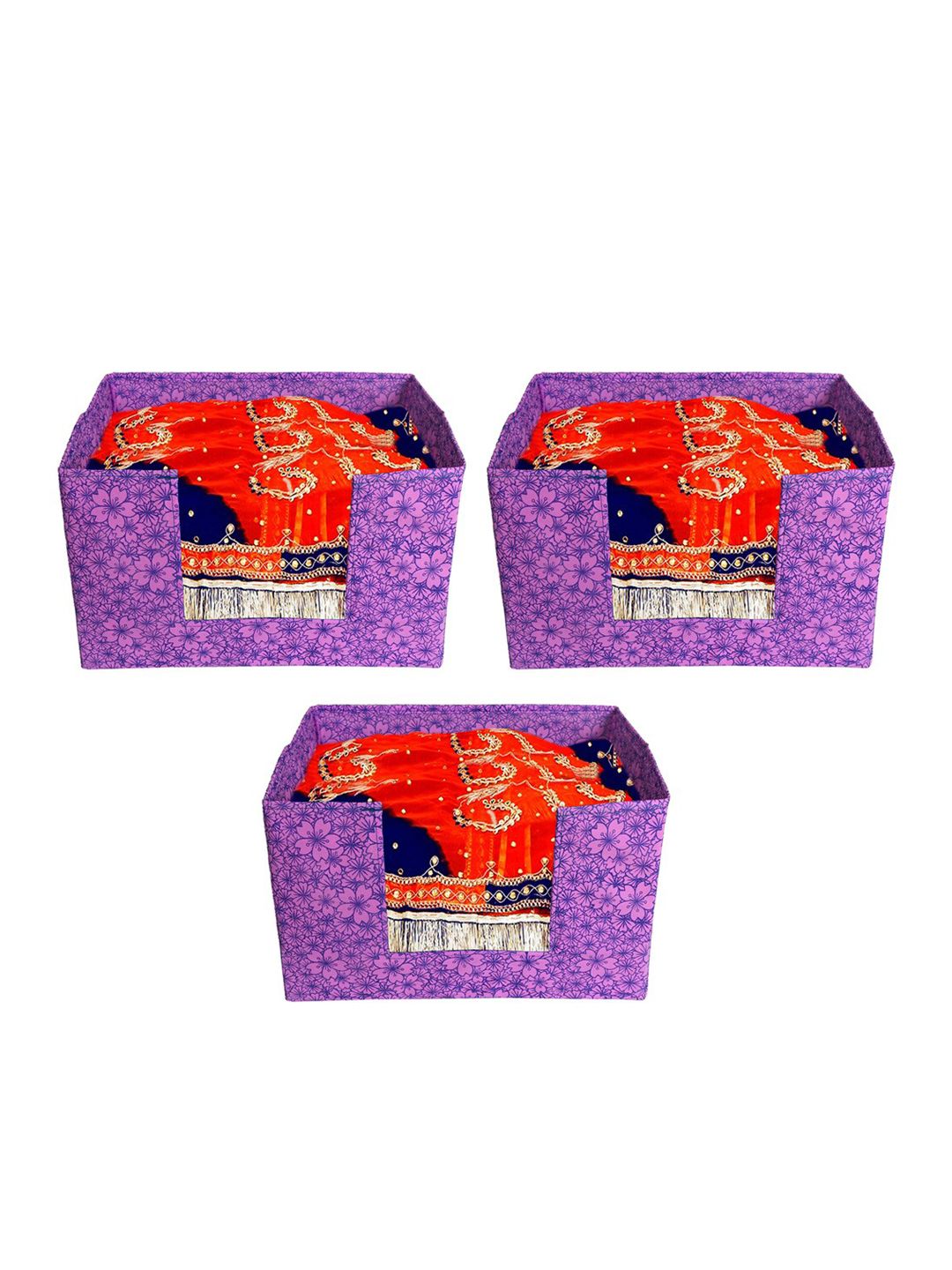 Kuber Industries Set of 3 Purple Floral Printed Large Stacker Foldable Wardrobe Organizers Price in India