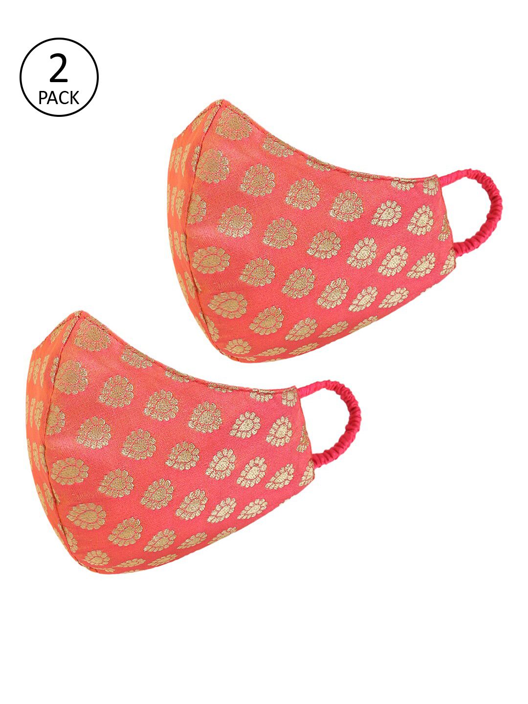 Tossido Women 2 Pcs Pink & Gold-Coloured Printed Reusable 3-Ply Pure Chanderi Banarasi Protective Outdoor Masks Price in India