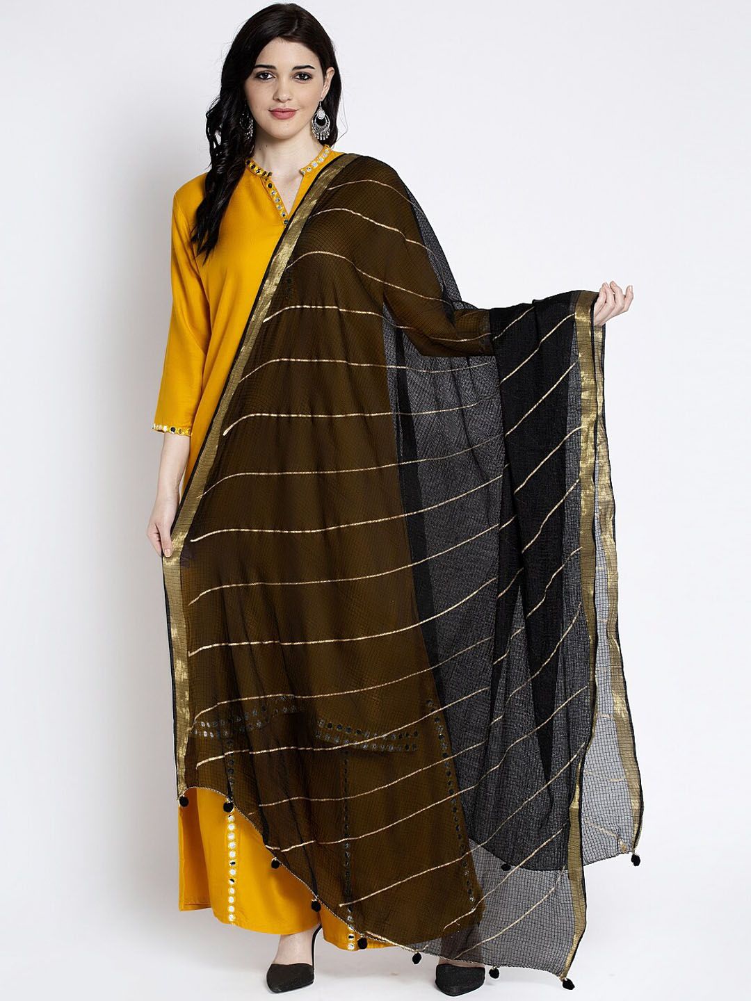 Clora Creation Women Black & Golden Striped Kota Cotton Dupatta Price in India