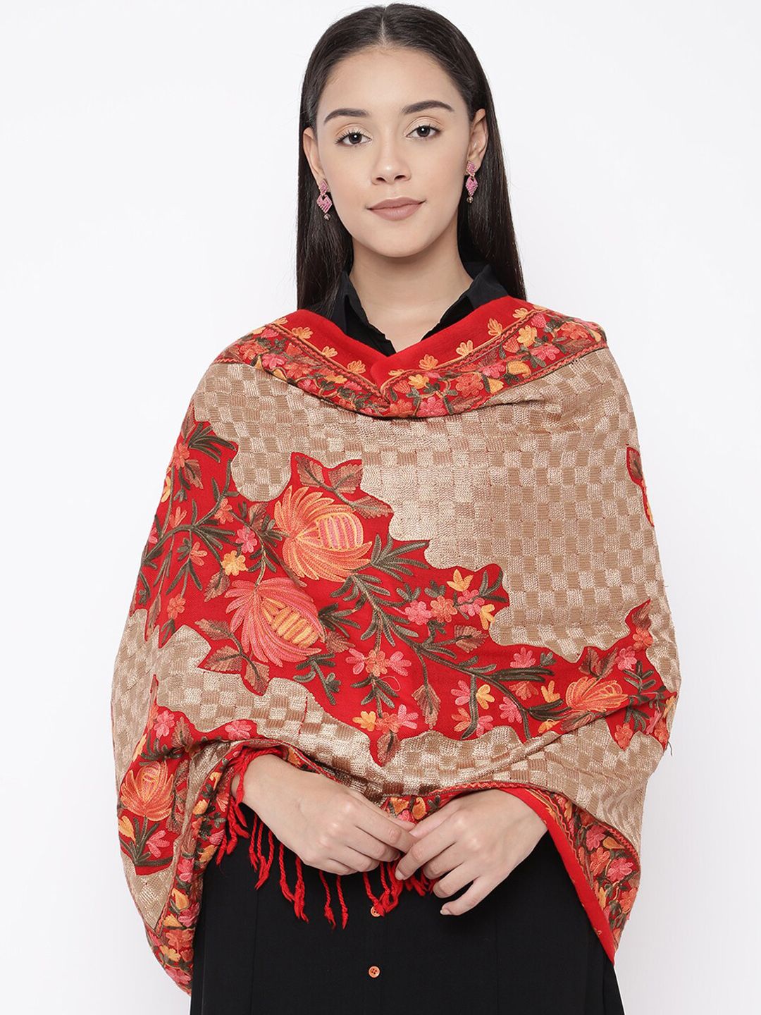 Pashmoda Women Red & Beige Embroidered Pure Wool Stole Price in India