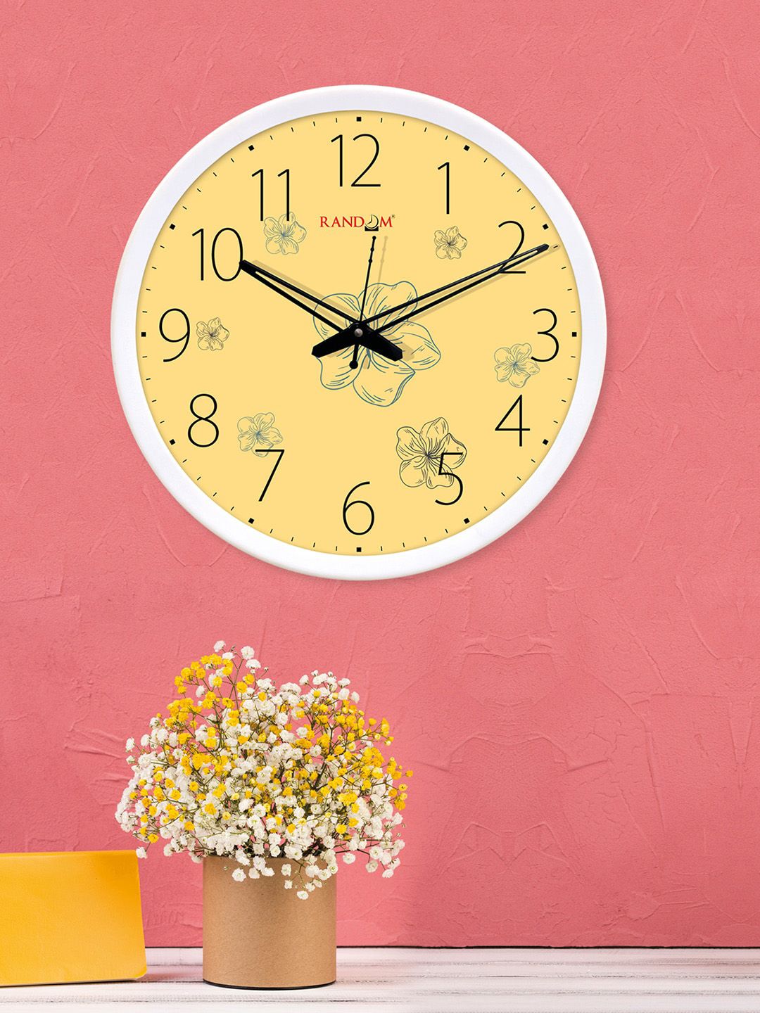 RANDOM White & Yellow Floral Printed Analogue Wall Clock Price in India