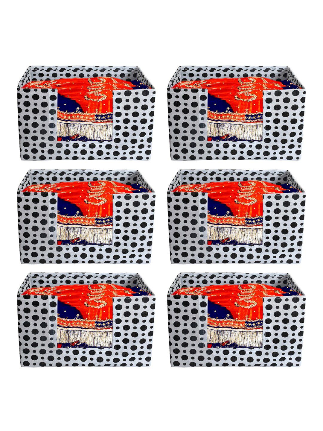 Kuber Industries Set Of 6 Black & White Polka Dots Printed Shirt Stacker Organisers With Handles Price in India