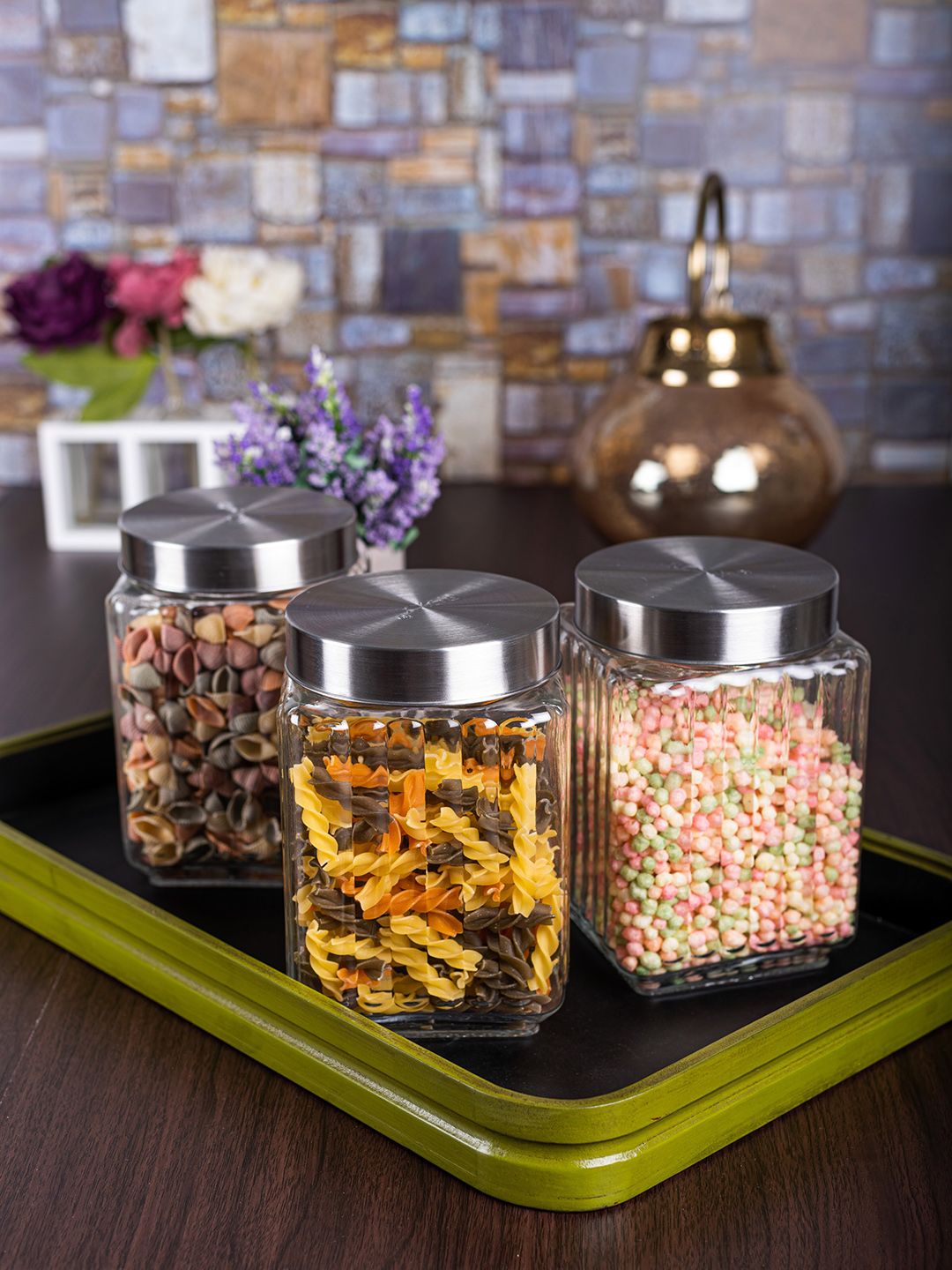 Roxx Set of 3 Transparent & Silver-Toned Glass Cube Square Glass Jars With Lids Price in India