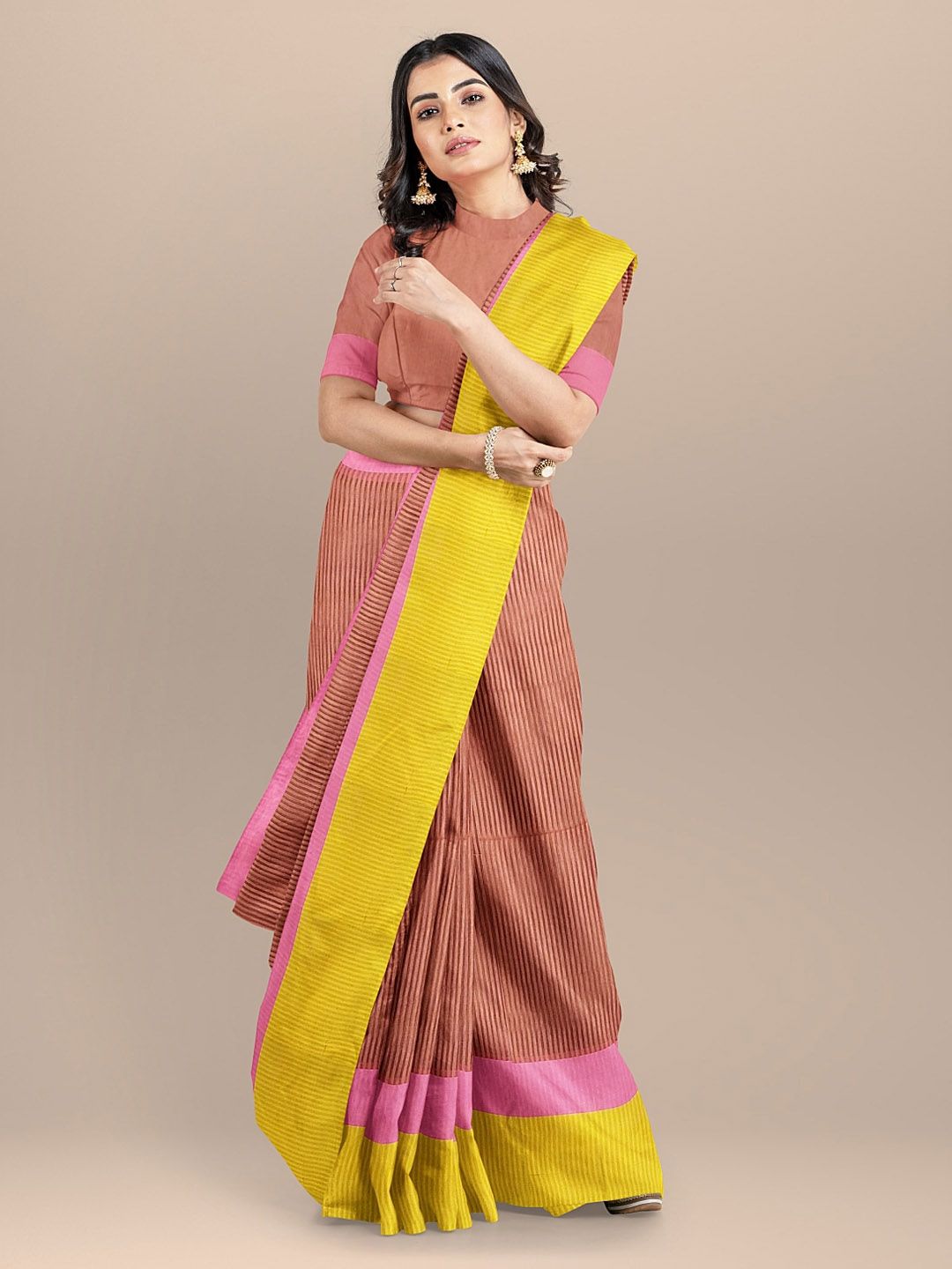 BharatSthali Peach-Coloured & Yellow Silk Cotton Woven Design Saree