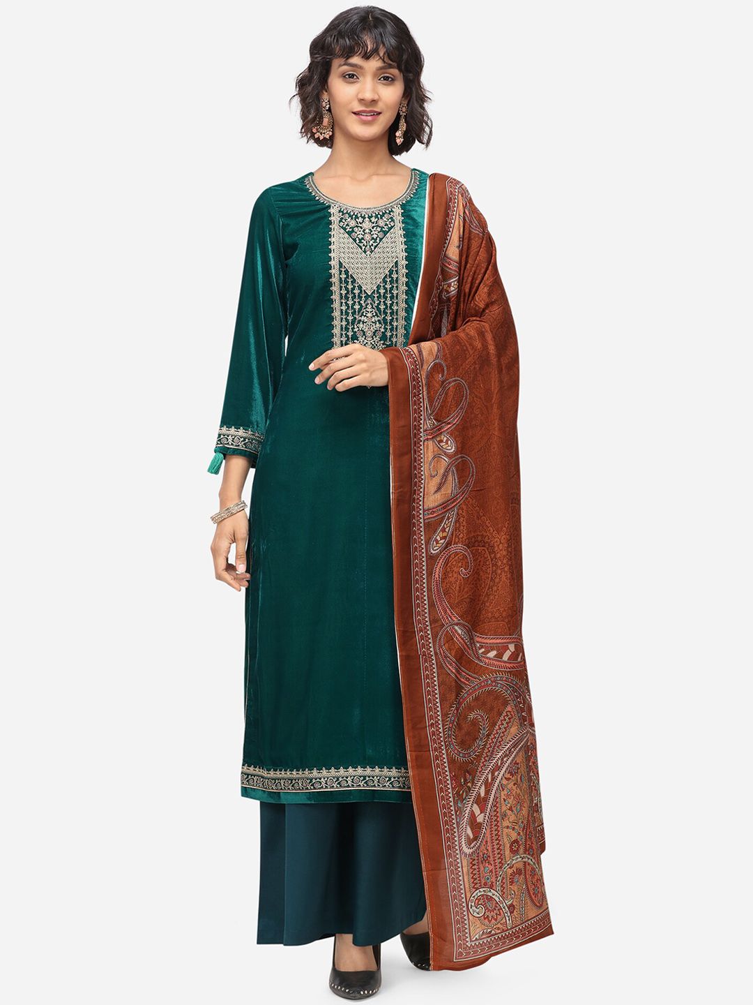 Stylee LIFESTYLE Women Green & Brown Embroidered Dress Material Price in India