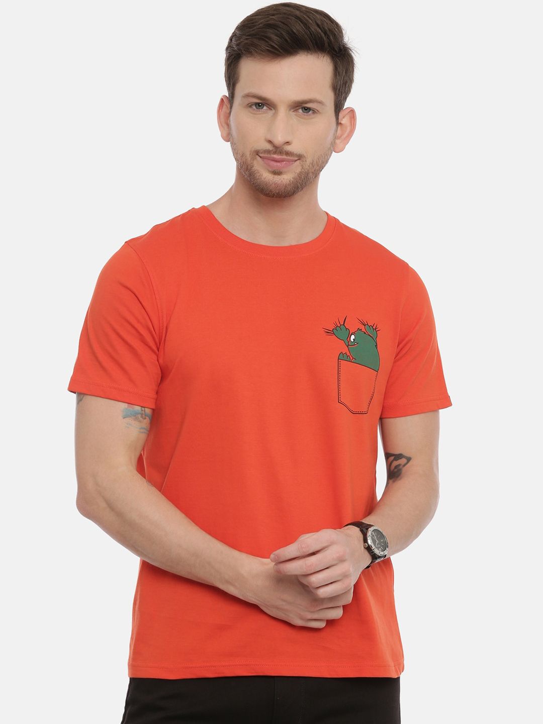 Bushirt Men Orange Printed Round Neck T-shirt