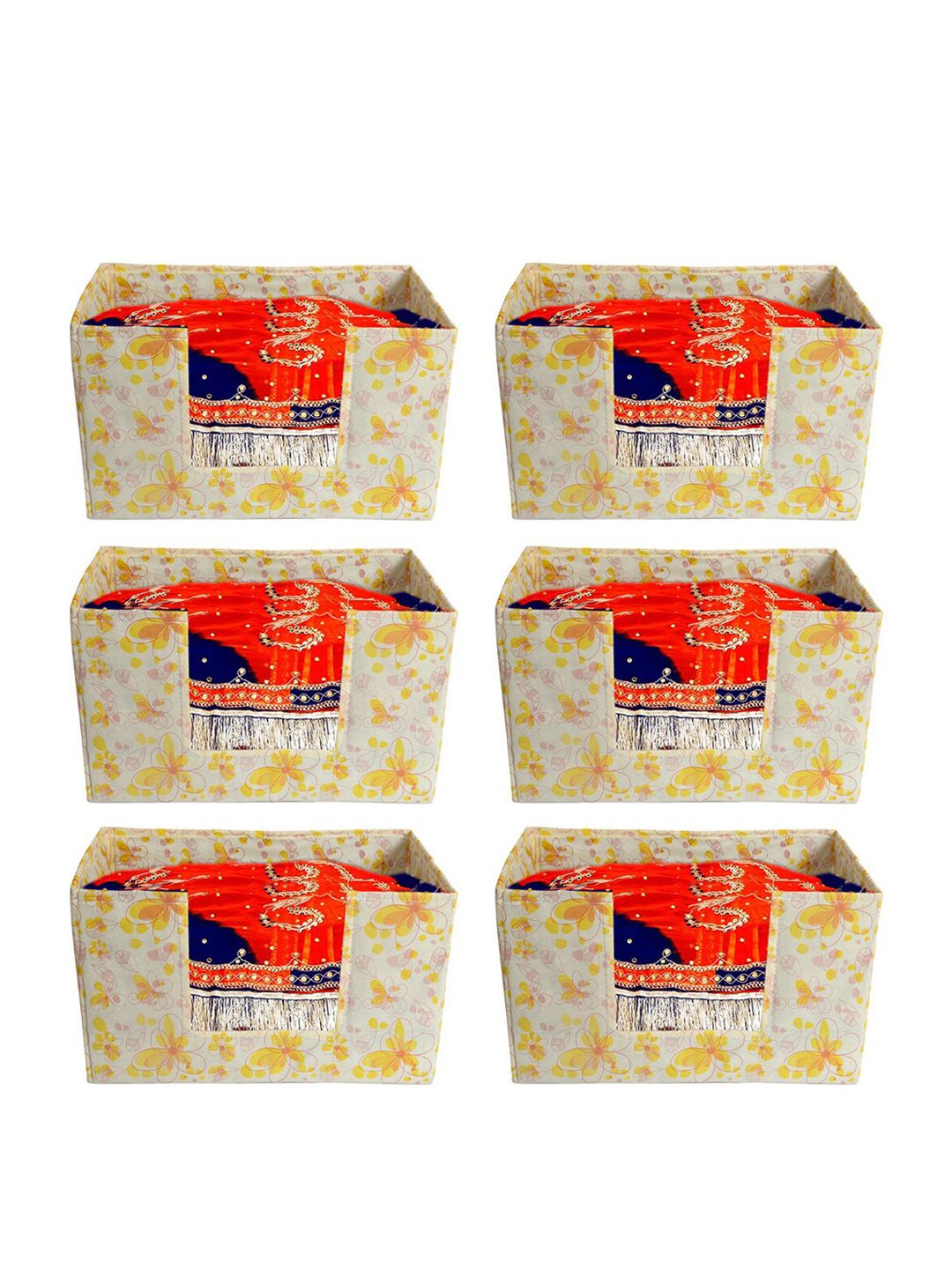 Kuber Industries Unisex Set of 6 Yellow Floral Printed Large Stacker Foldable Wardrobe Organizers Price in India