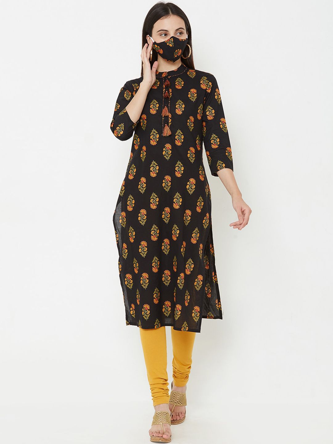 FASHOR Women Black Embroidered A-Line Kurta