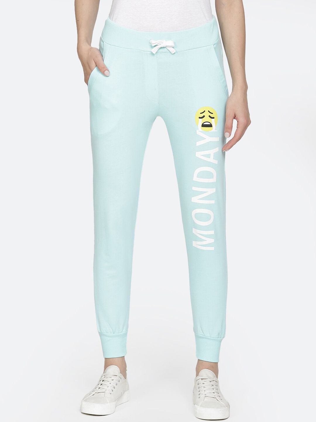 Free Authority Women Blue Emoji Printed Straight-Fit Joggers Price in India
