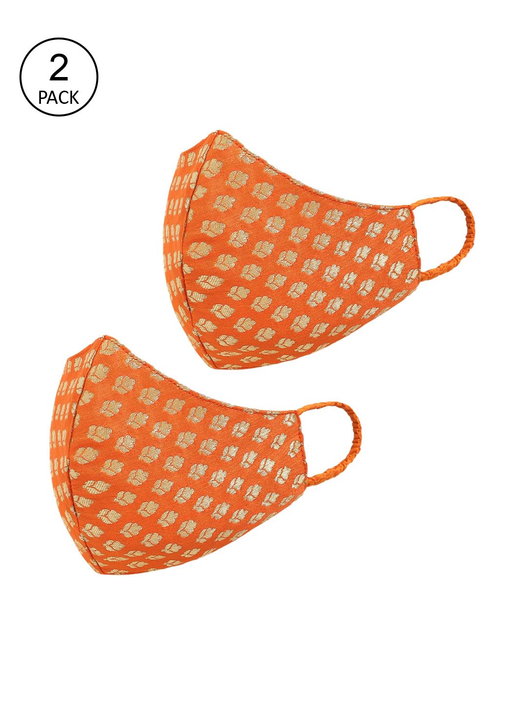 Tossido Women 2 Pcs Orange & Gold-Coloured Printed Reusable 3-Ply Pure Chanderi Banarasi Protective Outdoor Masks Price in India