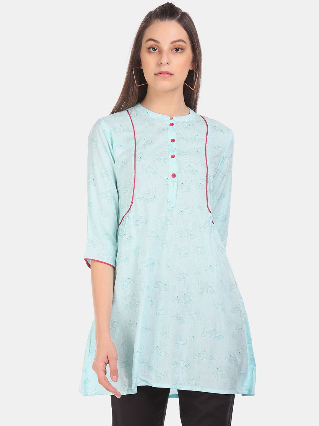 Karigari Women Blue Printed A-Line Flared Hem Kurti Price in India