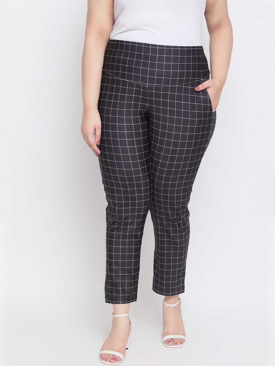 Amydus Women Plus Size Black & Off-White Regular Fit Checked Tummy Shaper Regular Trousers Price in India