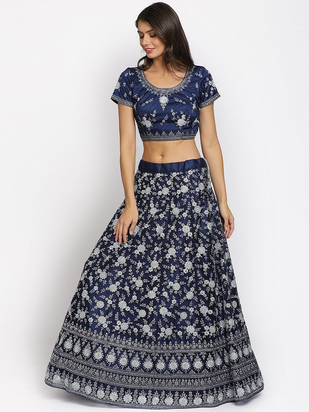 Koskii Women Navy Blue & Silver Embroidered Semi-Stitched Lehenga & Blouse With Dupatta