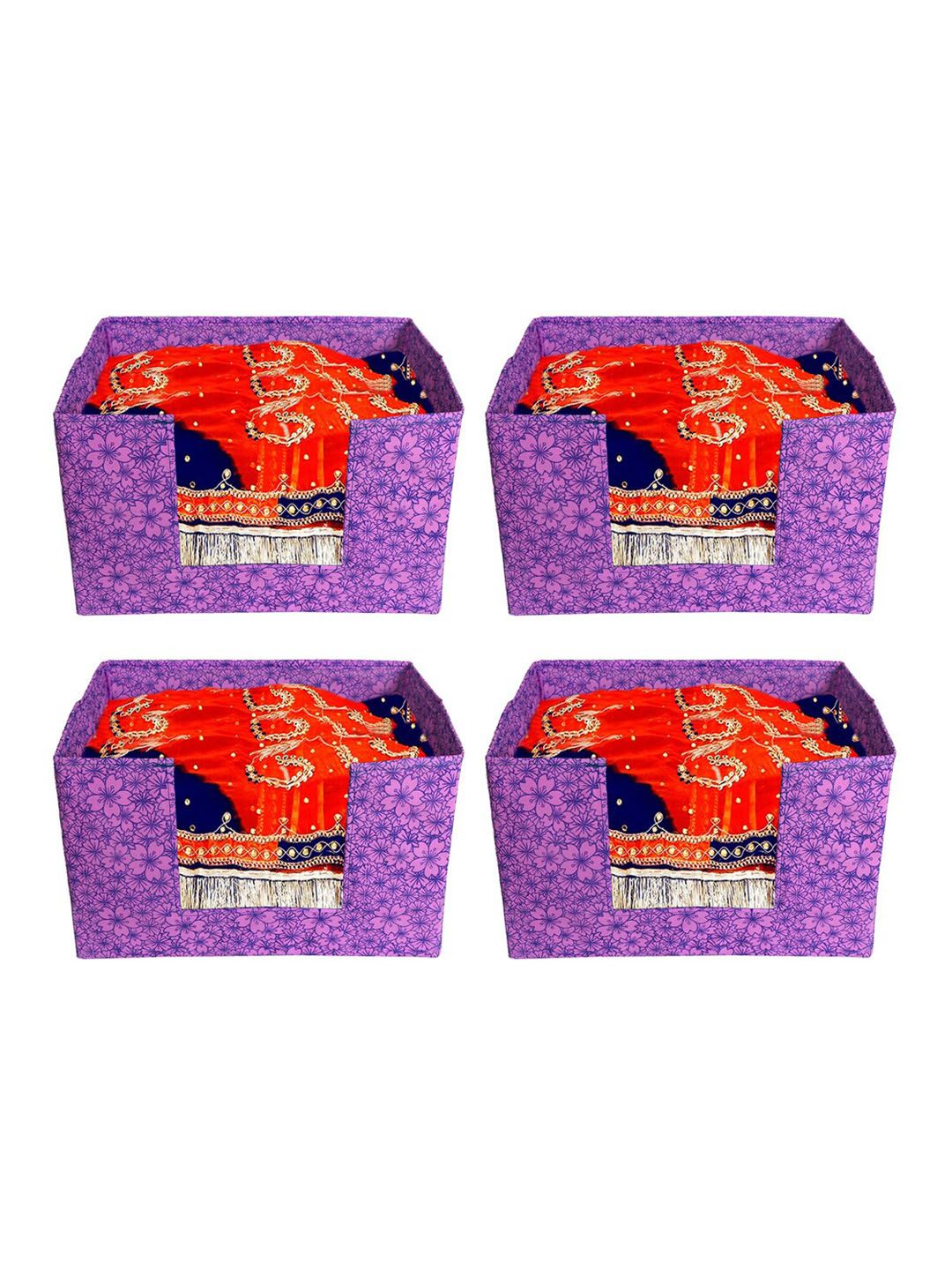 Kuber Industries Set of 4 Purple Floral Printed Large Stacker Foldable Wardrobe Organizers Price in India