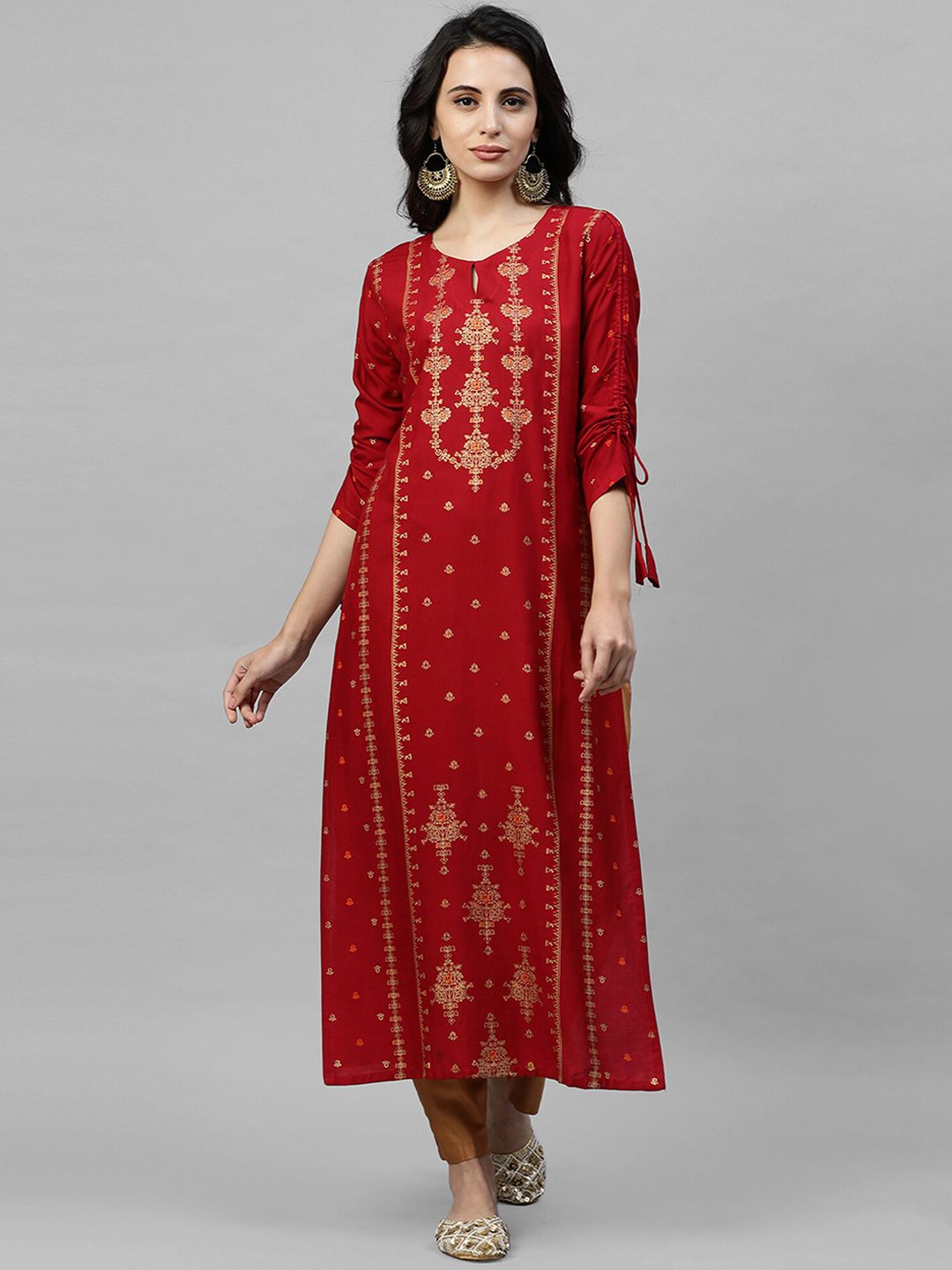 Indo Era Women Red Embroidered A-Line Kurta Price in India