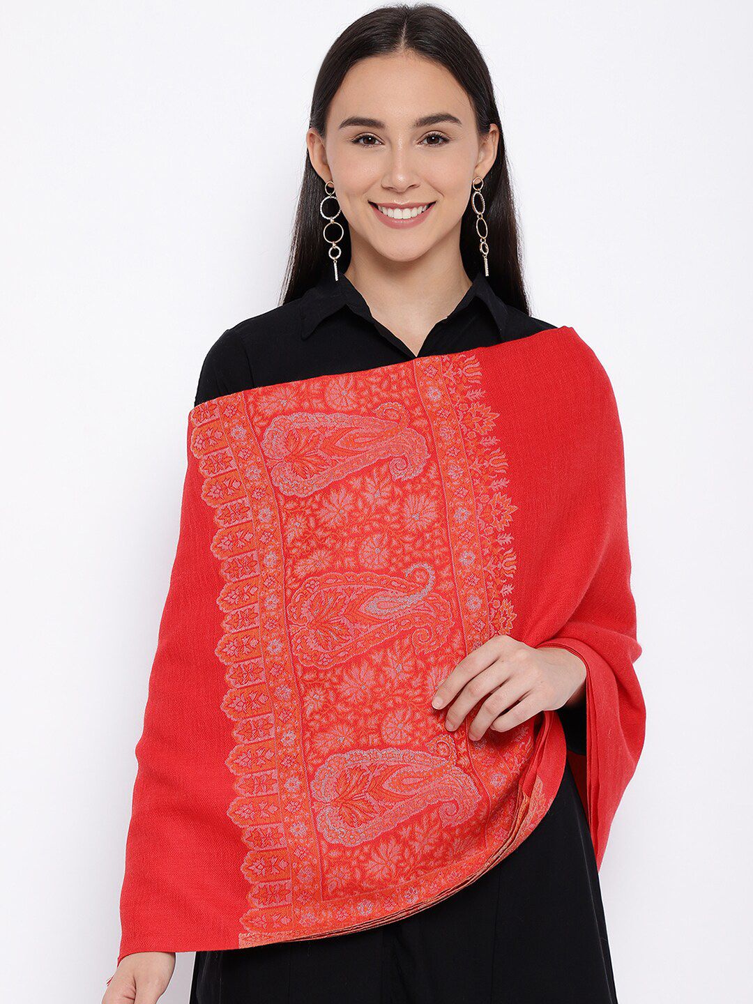 Pashmoda Women Red & Grey Woven Design Pure Wool Shawl Price in India