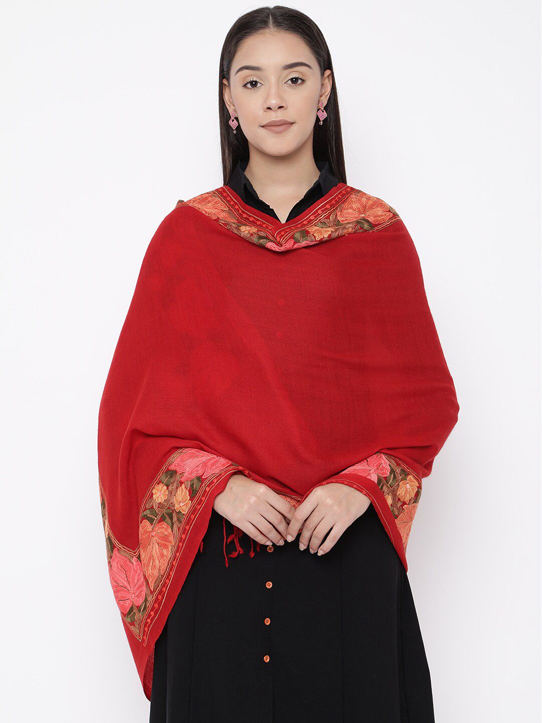 Pashmoda Women Red Woolen Embroidered Pure Wool Stole Price in India