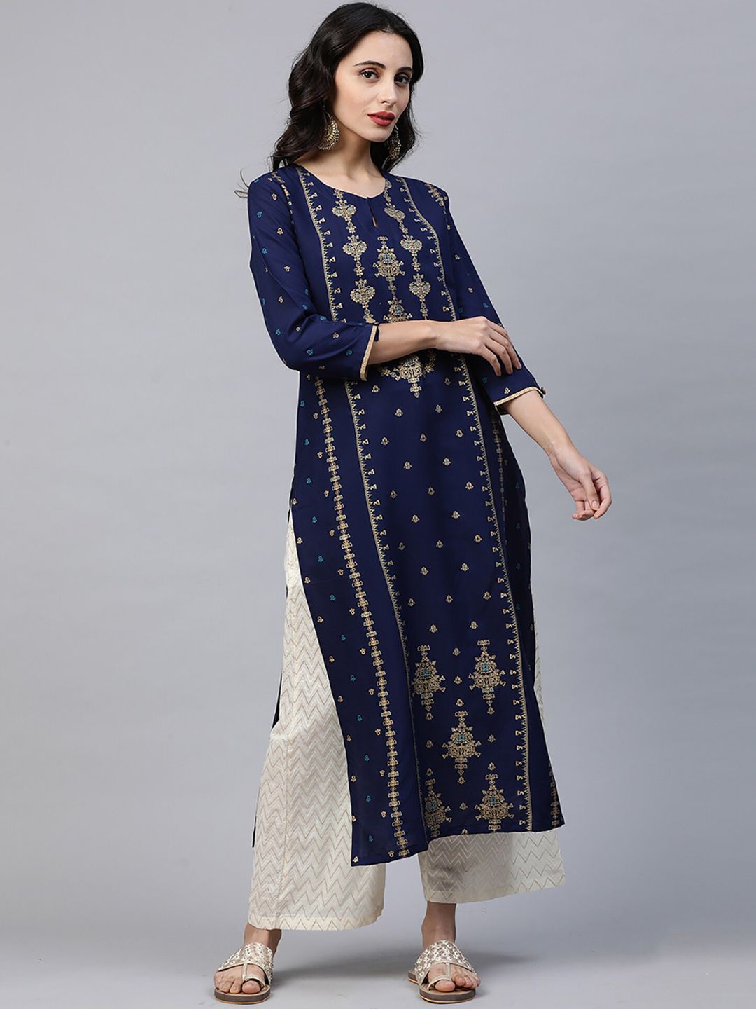 Indo Era Women Blue & Gold-Toned Printed A-Line Kurta Price in India