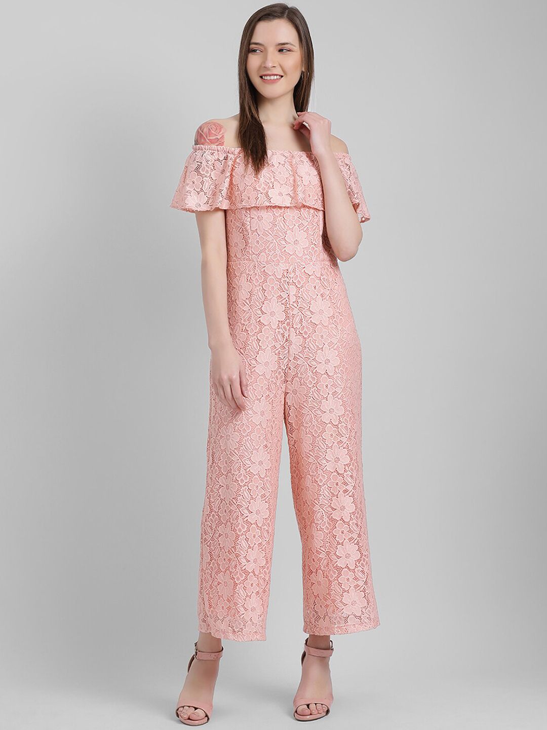 Zink London Women Peach-Coloured Self Design Basic Jumpsuit Price in India