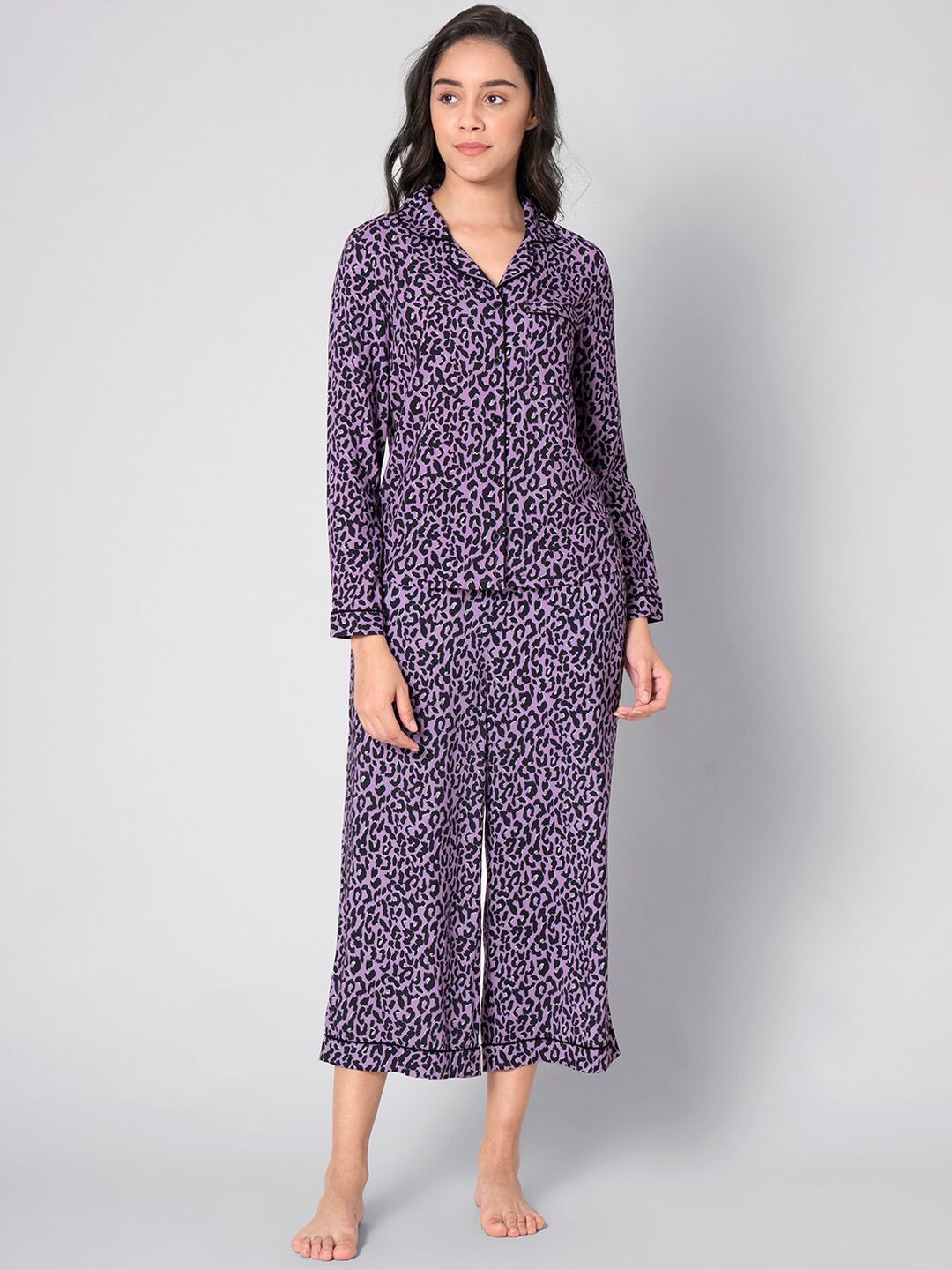 FabAlley Women Purple & Black Animal Printed Night Suit Price in India