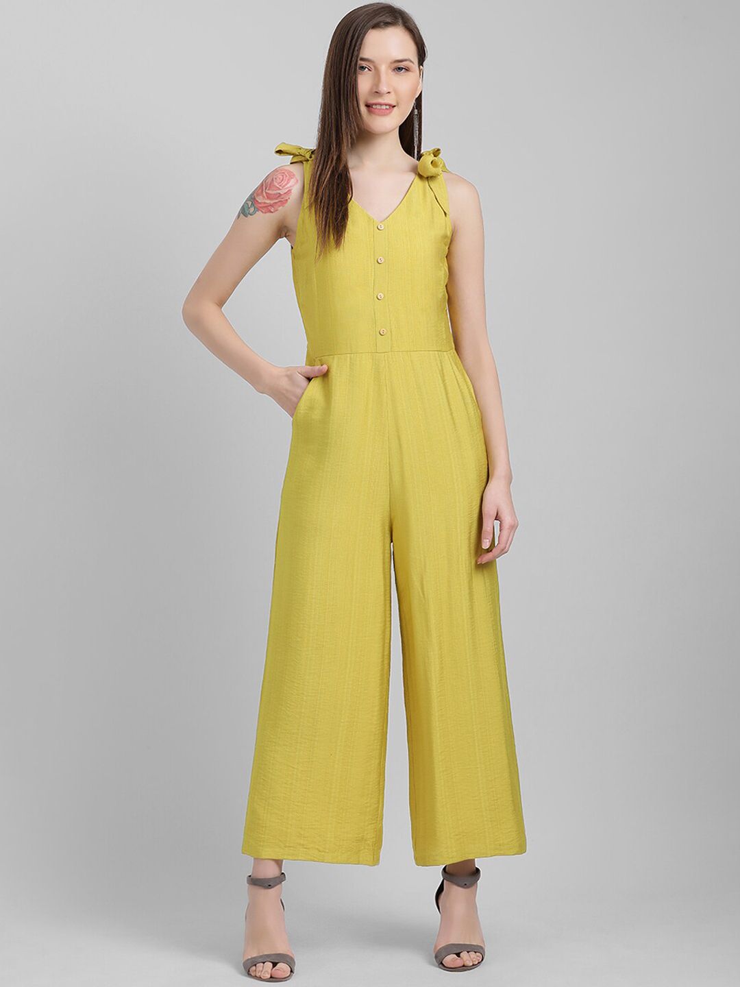 Zink London Women Yellow Solid Basic Jumpsuit Price in India