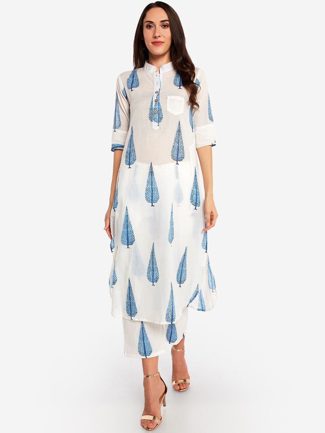 Desi Weavess Women White & Blue Printed A-Line Kurta