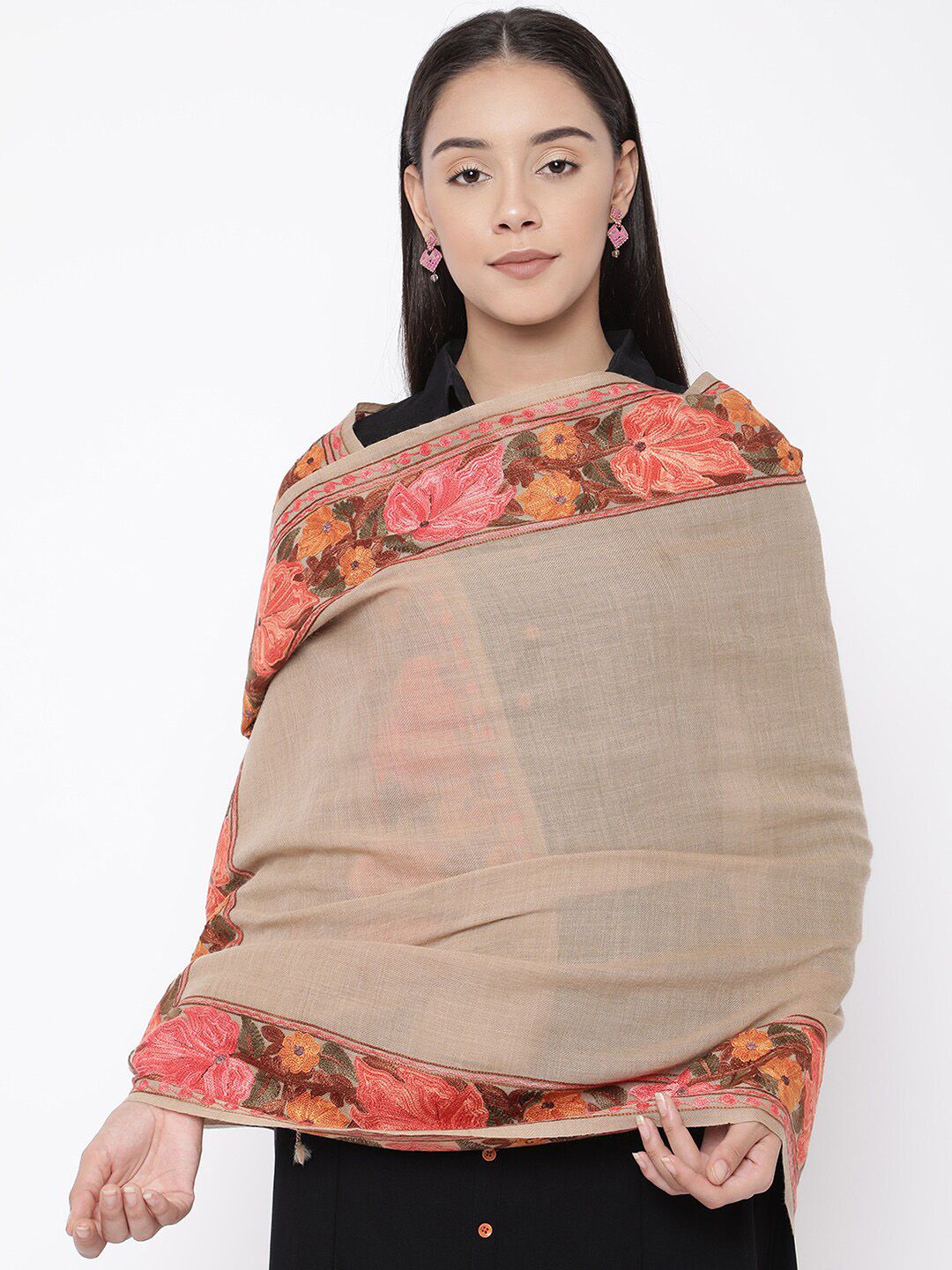 Pashmoda Women Beige & Pink Embroidered Pure Wool Stole Price in India
