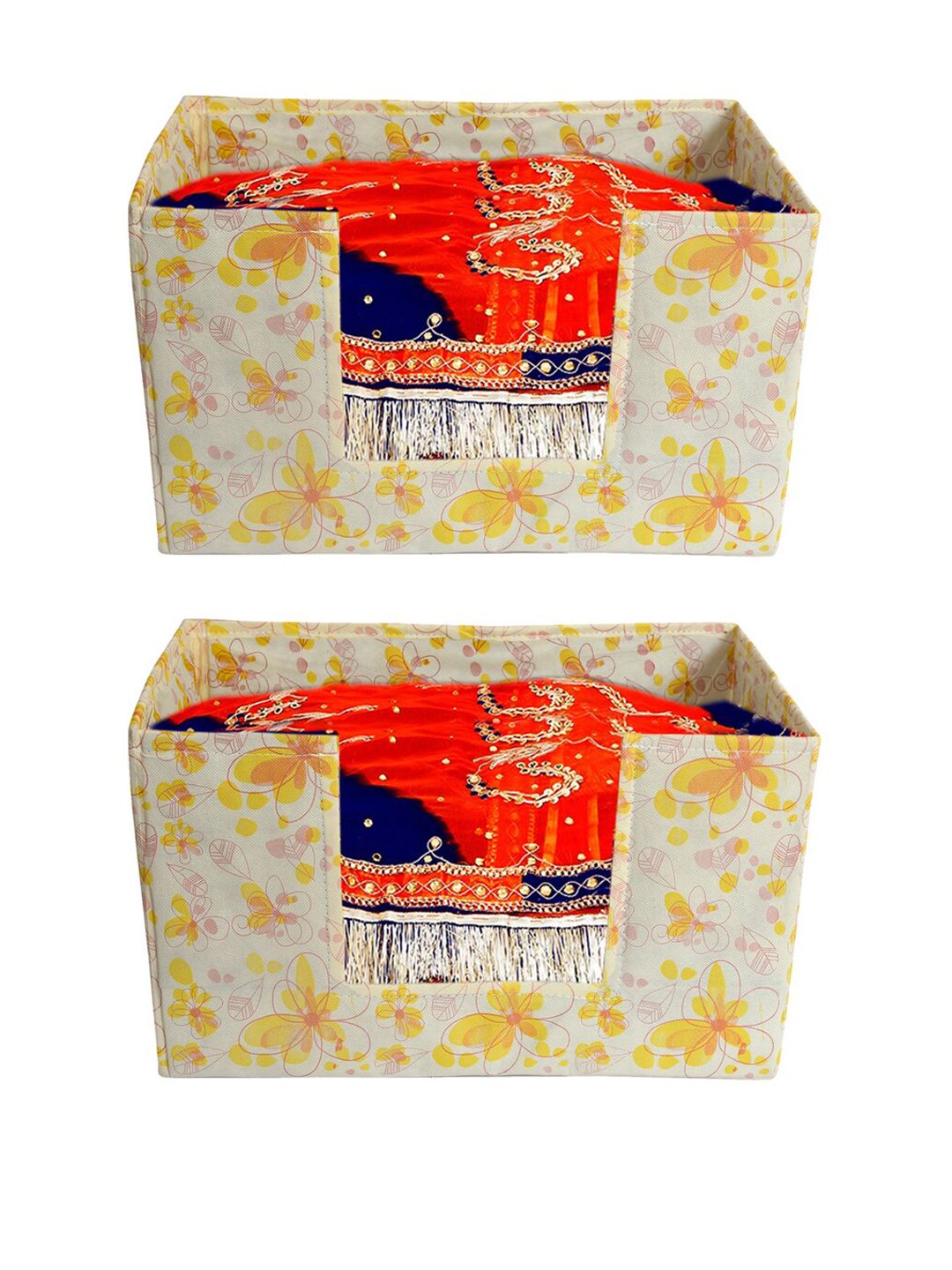 Kuber Industries Set Of 2 Off- White & Yellow Flower Printed Shirt Stacker Organizers Price in India