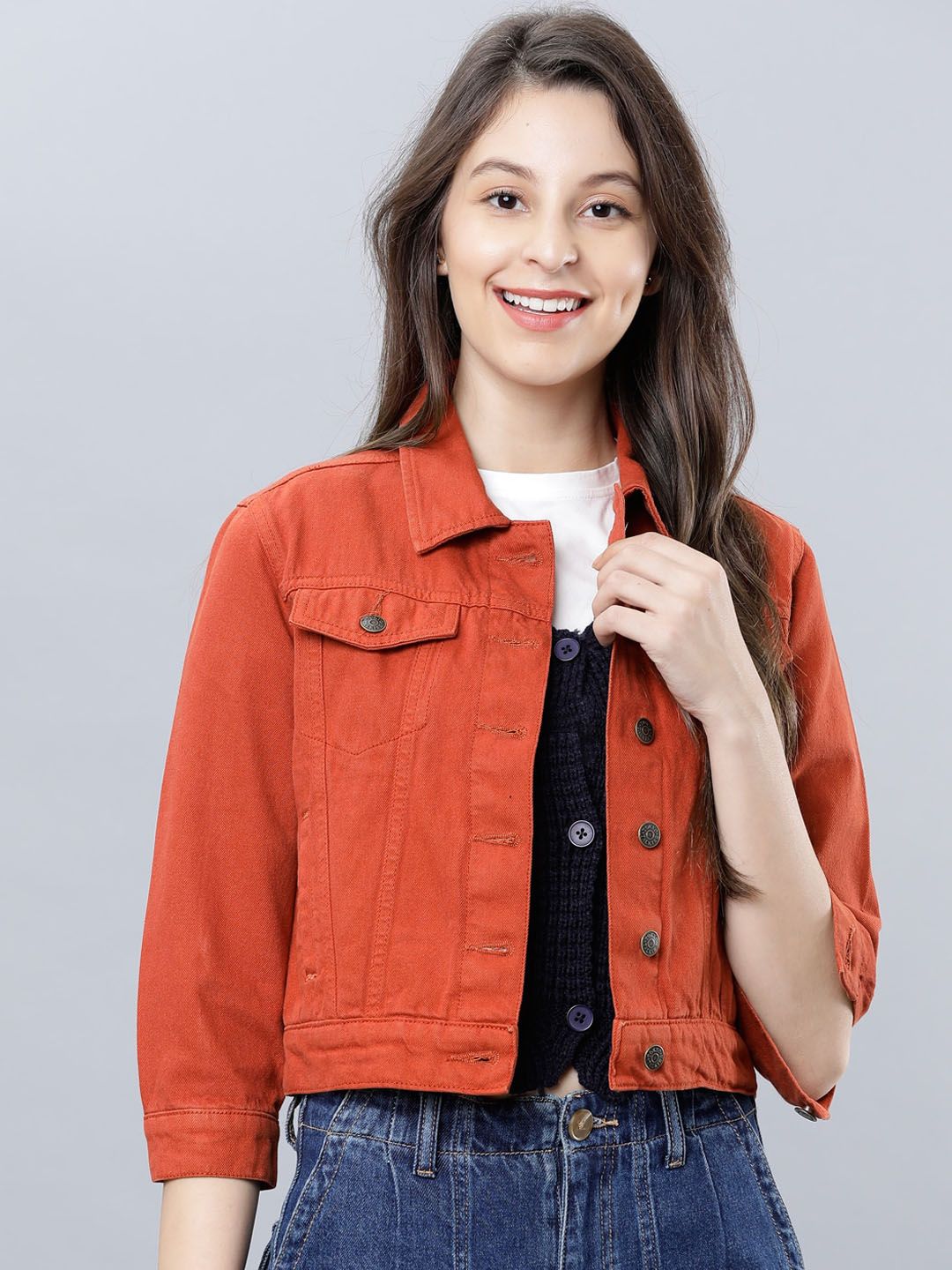 Tokyo Talkies Women Rust Orange Solid Crop Denim Jacket Price in India
