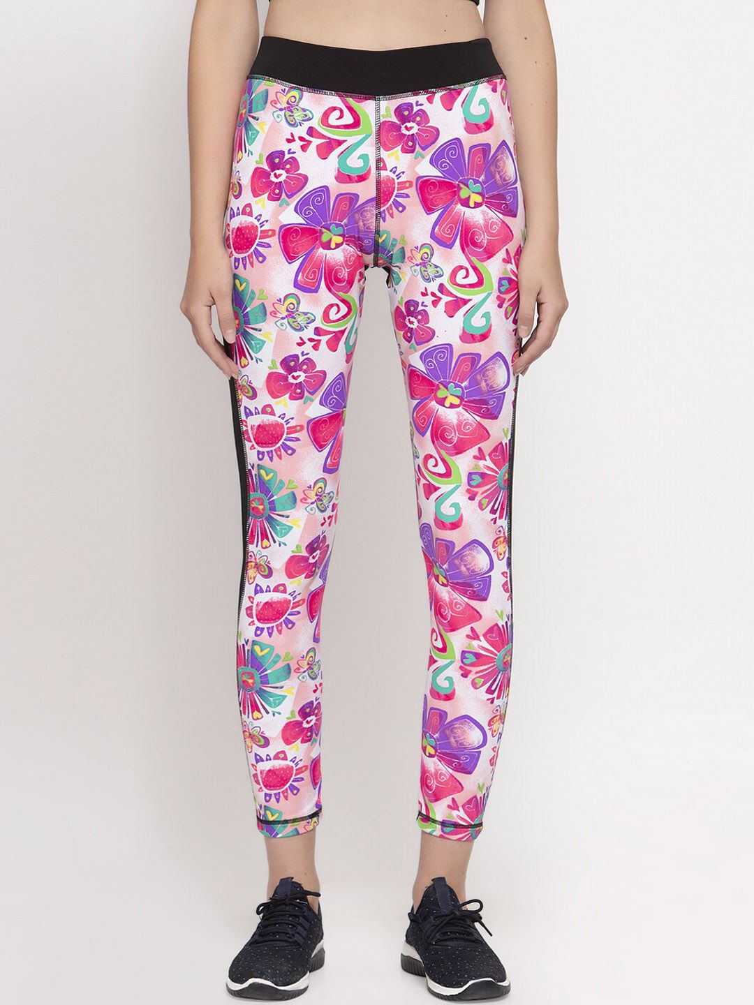 CUKOO Women Pink & Black Floral Printed Cropped Track Pants Price in India