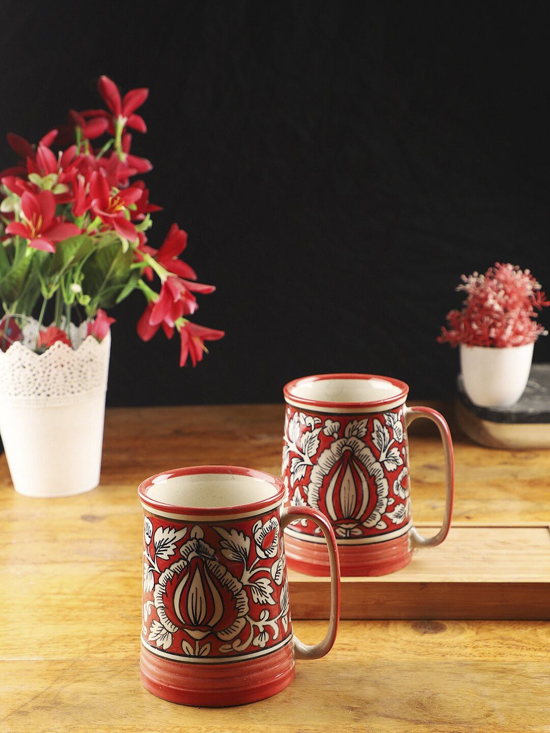 CDI Set Of 2 Red & White Mughal Art Hand Printed Beer Mugs Price in India