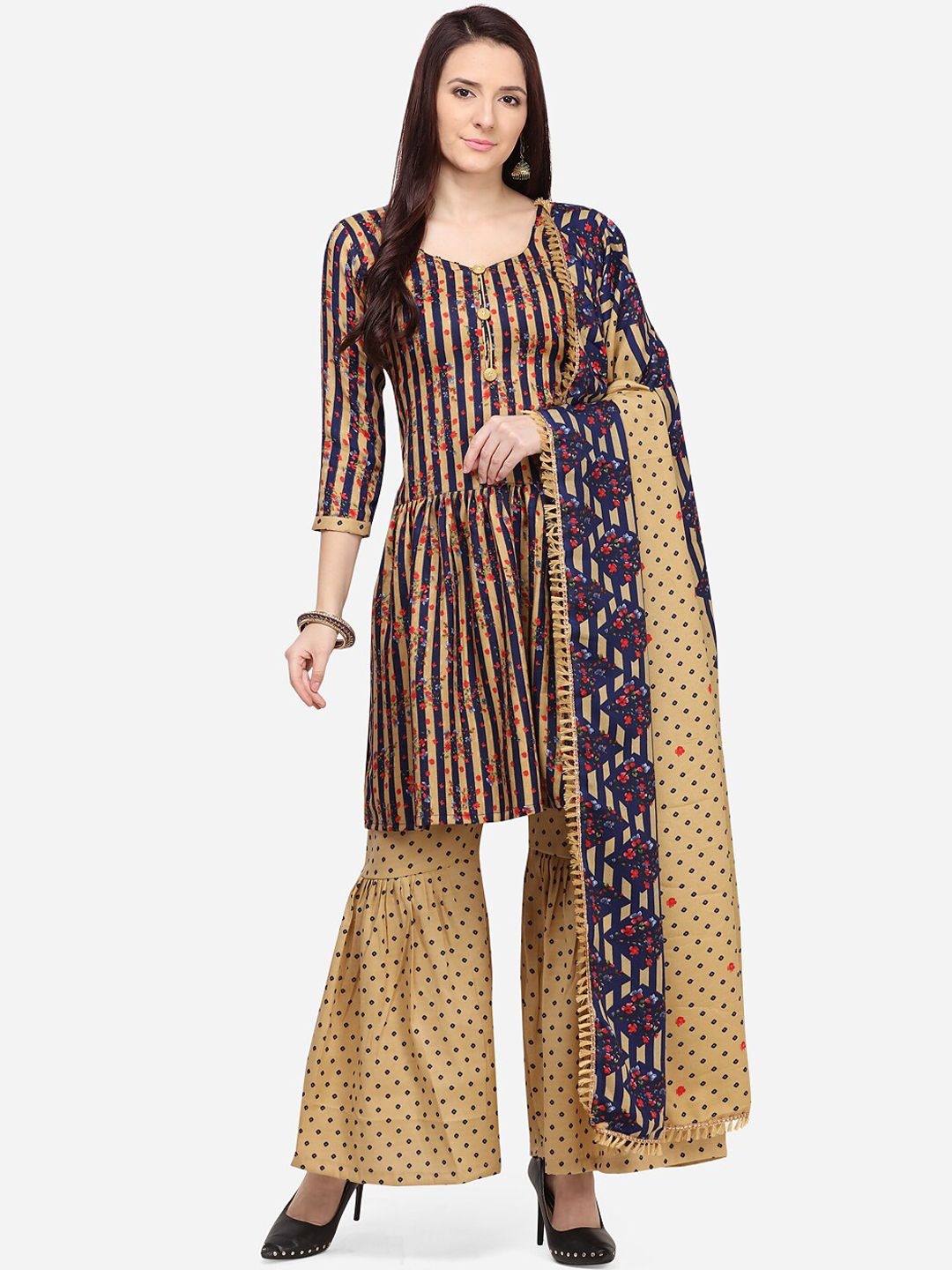 SHAVYA Navy Blue & Beige Pure Cotton Unstitched Dress Material Price in India