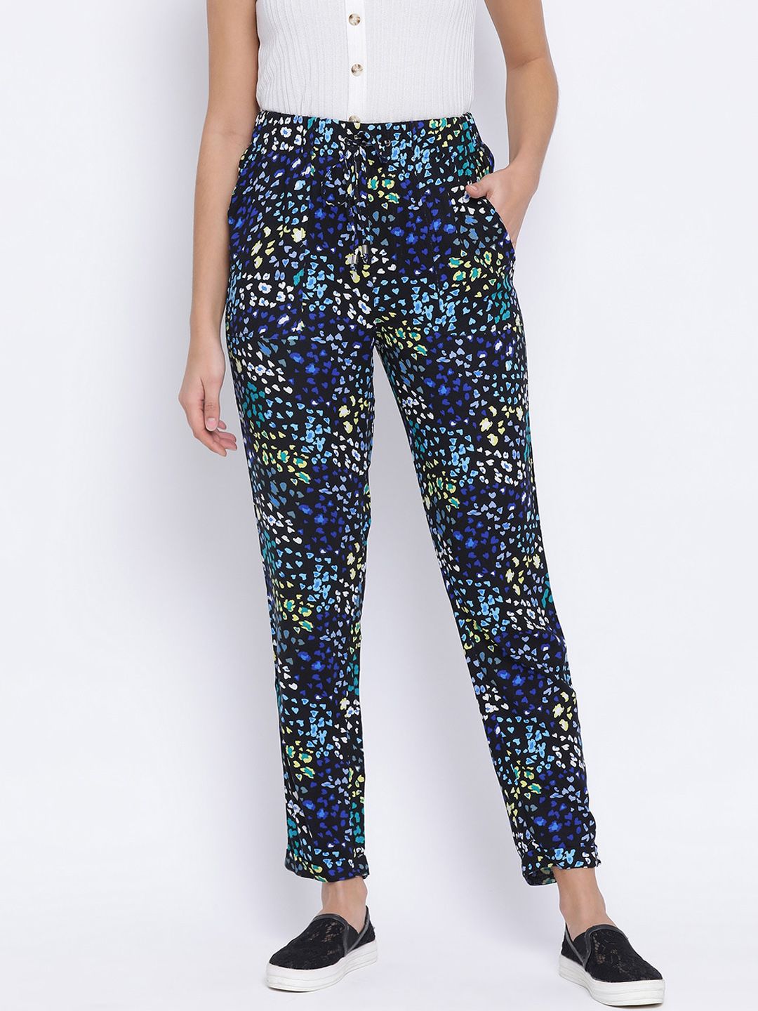 Oxolloxo Women Navy Blue Regular Fit Printed Regular Trousers Price in India