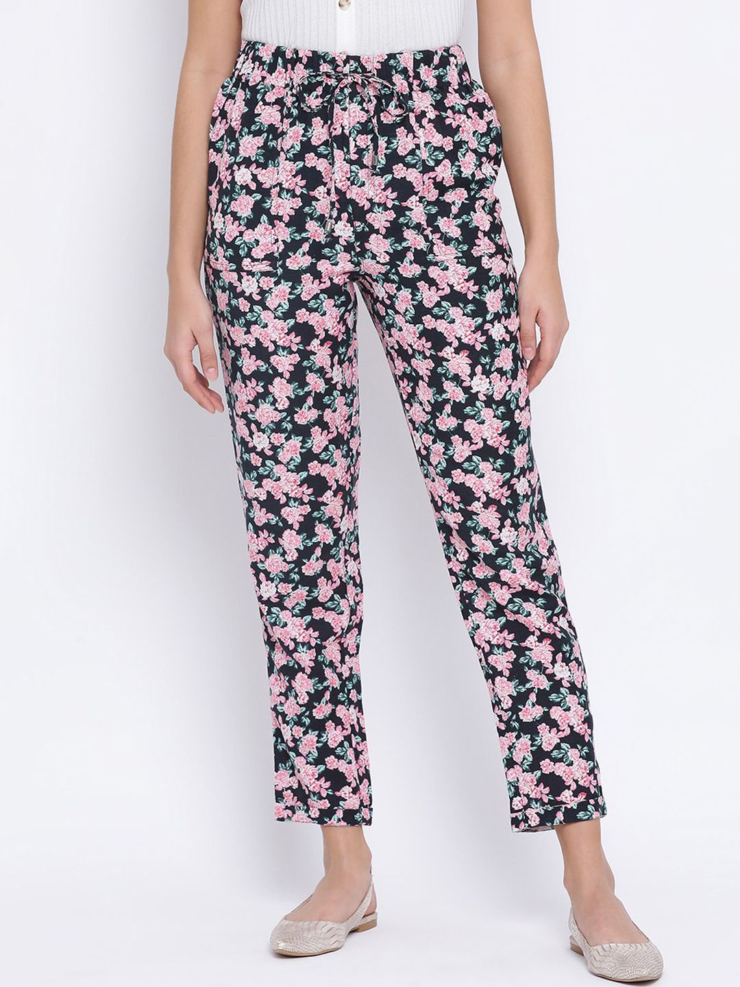 Oxolloxo Women Navy Blue & Pink Regular Fit Floral Printed Regular Trousers Price in India