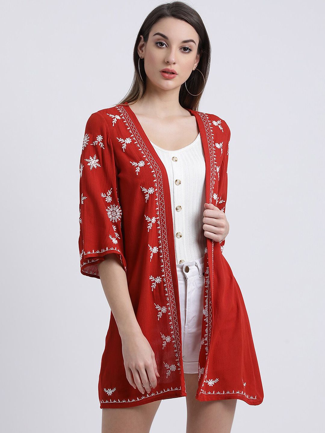 Zink London Women Red & White Printed Embroidered Open Front Shrug Price in India