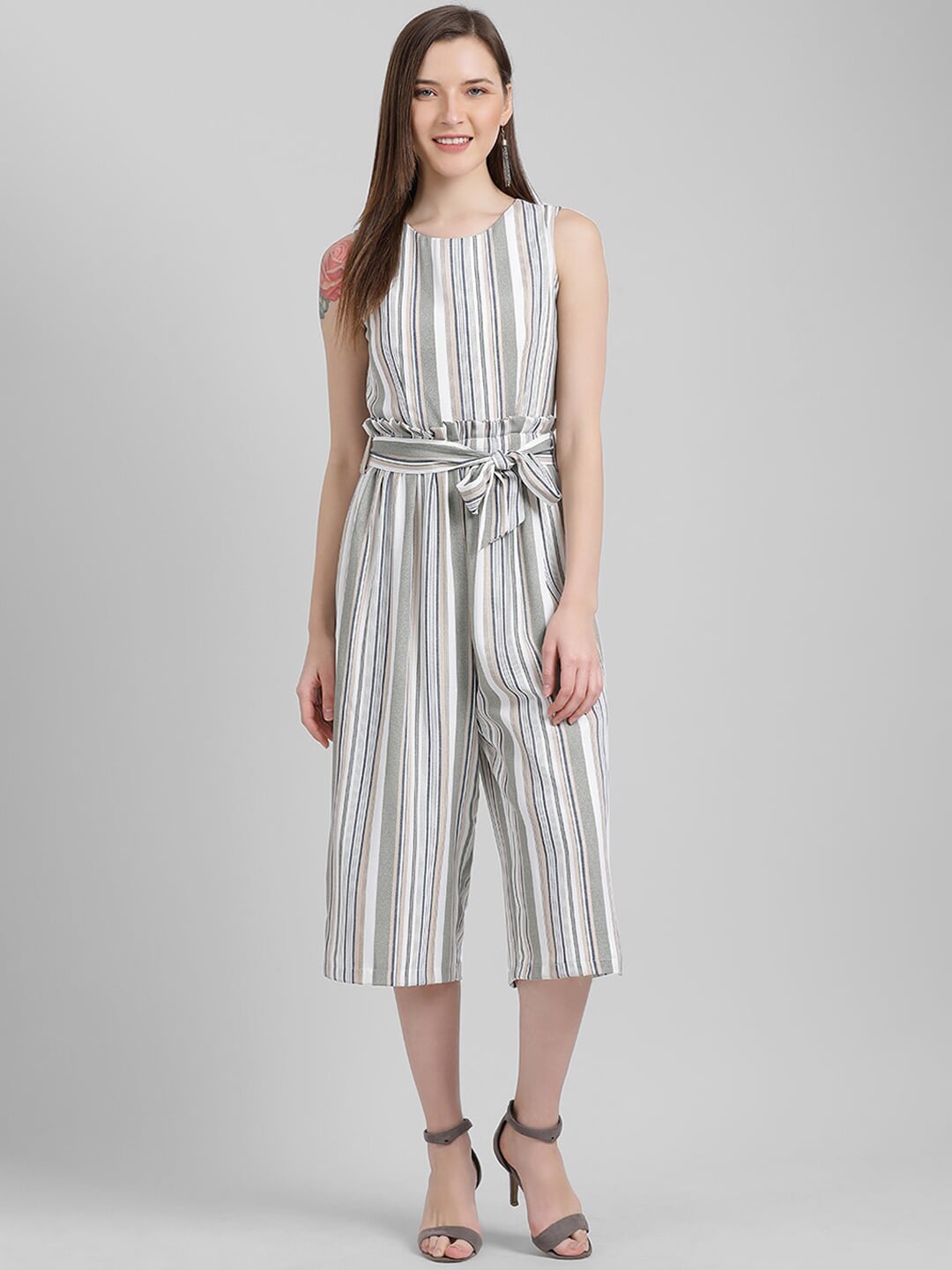 Zink London Women White & Grey Striped Culotte Jumpsuit Price in India